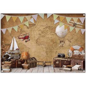 7x5ft Fabric Around World Map Photography Backdrop Adventure Airplane Hot Air Balloon Vintage Background Travel Kids Party Decor Photo Banner