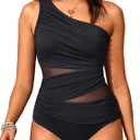 Aqua Eve Women Mesh One Piece Swimsuit - Tummy Control One Shoulder Bathing Suit Cut Out Swimwear 2025 (Large, Black)