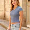 Women's Basic V Neck Short Sleeve T Shirts Summer Cute Baby Tee Slim Fit Cotton Tops (Blue, S)