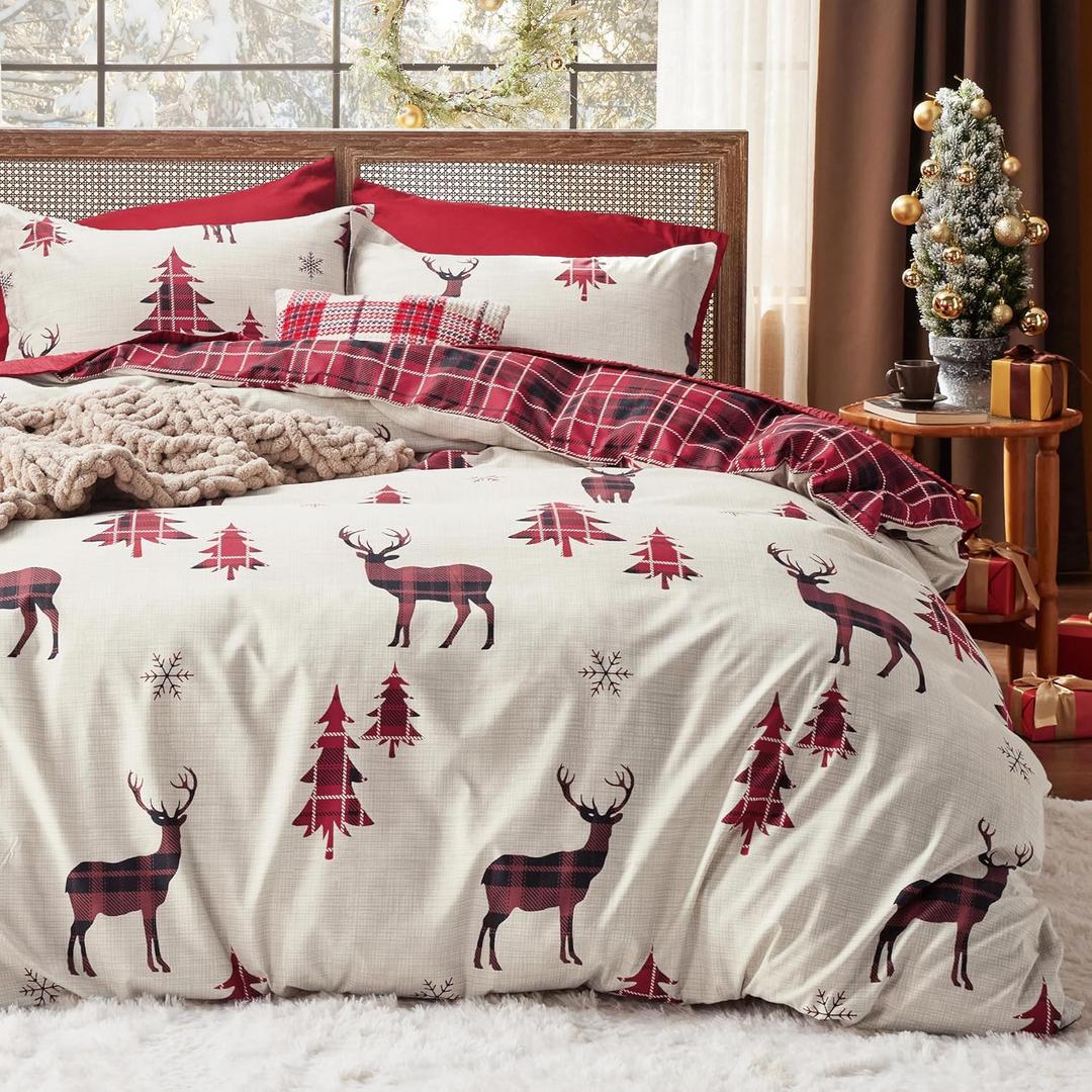 Bedsure Christmas Duvet Cover Queen - Christmas Bedding Set, Reversible Buffalo Check Printed Plaid Duvet Cover, 3 Pieces Bedding Set with 2 Pillow Shams (Queen, Reindeer) (Queen (90" x 90"), 01 - Reindeer (No Comforter))