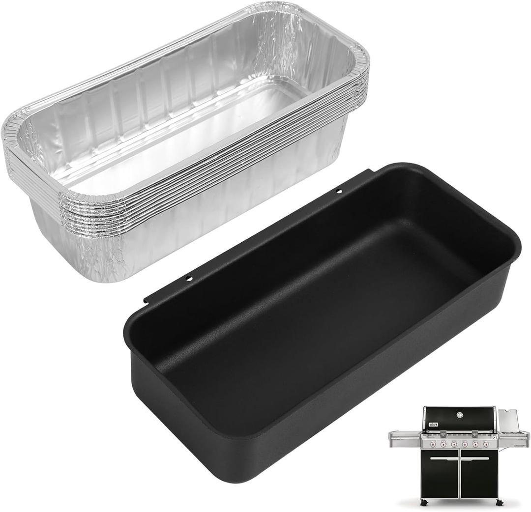 70379 Catch Pan & 6498 Drip Pan Liners for Weber Genesis II 400/600, Summit 400/600 Series Grills, Steel Grease Tray & 6417 10Pcs Foil Grease Pan Liners for Weber SmokeFire & 28''/36" Griddle