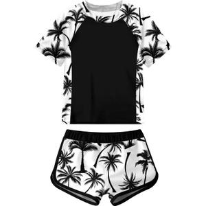 ADUKIDE Girls Rash Guard Swimsuit 2-Piece Bathing Suit UPF 50+ Summer Beach Swimwear Size 7-16T (11-12 Years, Coconut Tree Black)
