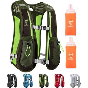 UTOBEST Running Vest, 5L Hydration Vest Lightweight, Breathable and Sweatproof Running Backpack, Adjustable Running Hydration Vest for Trail Running Marathon Race Jogging Cycling (Green Vest 5L with 2 x Soft Flask)
