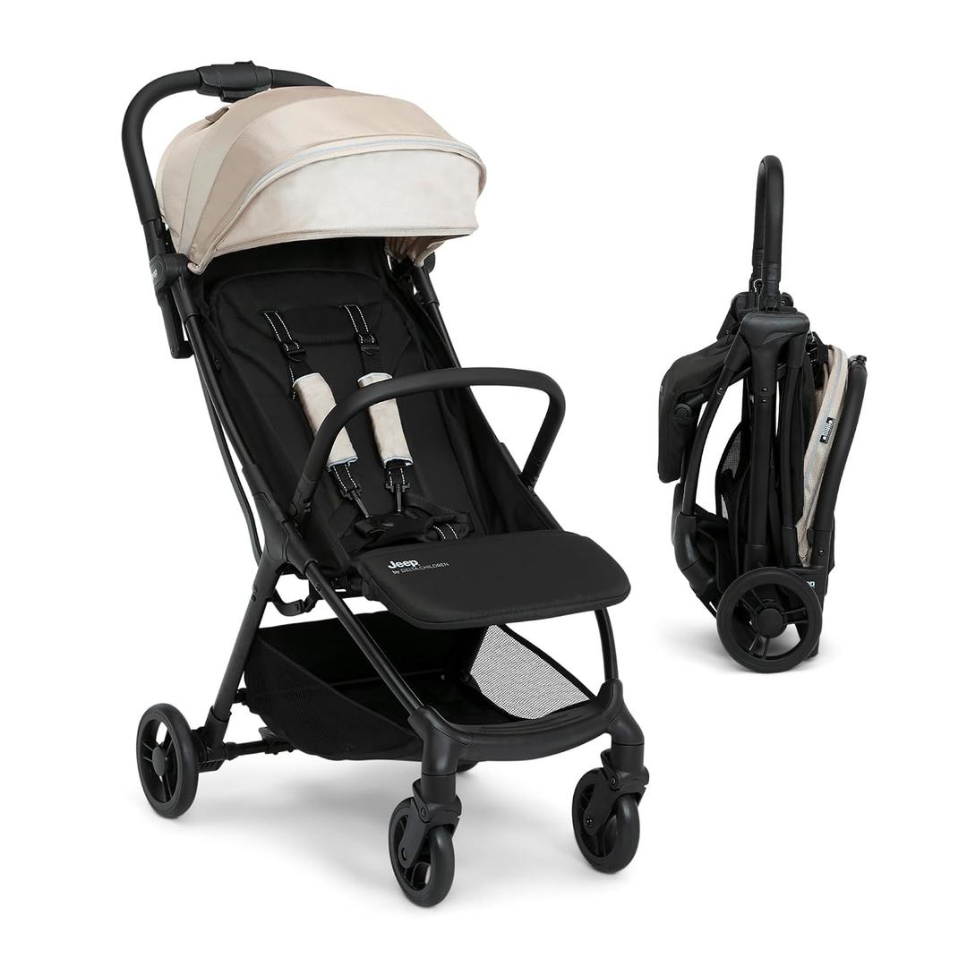 Jeep Altitude Compact Travel Stroller by Delta Children Greenguard Gold, Easy One Hand Fold, Lightweight, Extendable Canopy with Peek-a-Boo Window, Reclining Seat, 4 Wheel Suspension, Tan
