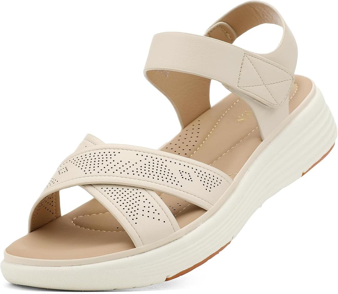 UBFEN Womens Platform Sandals Comfortable Lightweight Walking Ankle Strap Casual Low Wedge Sandals (7, Ac Beige)