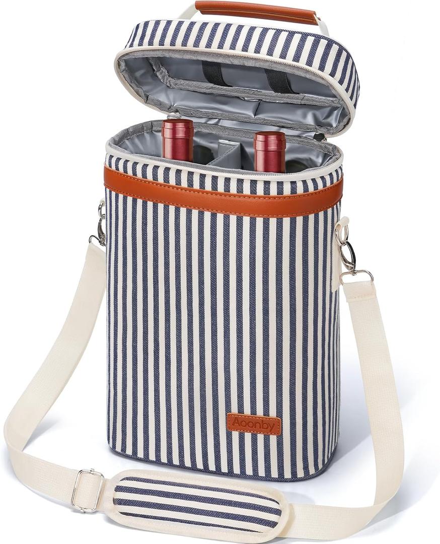 2 Bottle Wine Carrier Tote Bag, Leakproof Insulated Wine Cooler for Travel, BYOB, Beach, Dinner, Party, Christmas Gifts - Navy Stripe