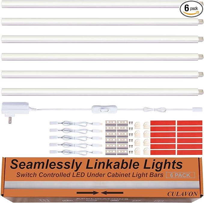 Under Cabinet Lights, Plug in, Seamlessly Linkable 12 Inch, 6 Bars+Switch+Extensions, Under Counter Lighting for Kitchen, Closet, Gun Safe, Shelf, Display Case, LED 3000k Warm White