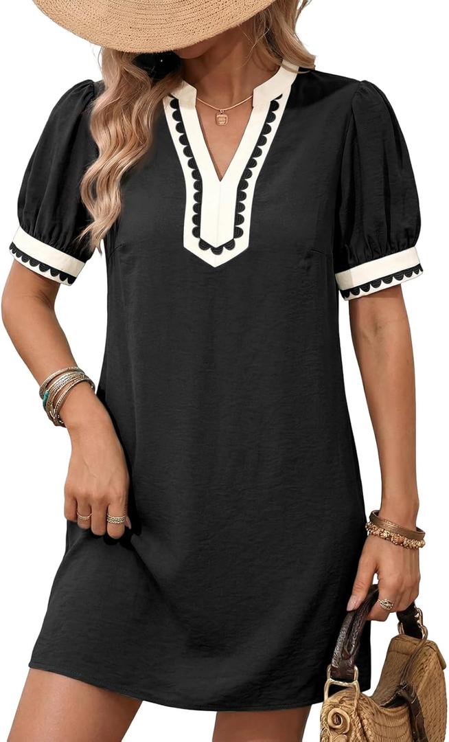 Dokotoo Summer Dresses for Women 2026 Boho Floral Puff Short Sleeve V Neck Trim Casual Mini Dress Sundress (X-Large, Solid Black)