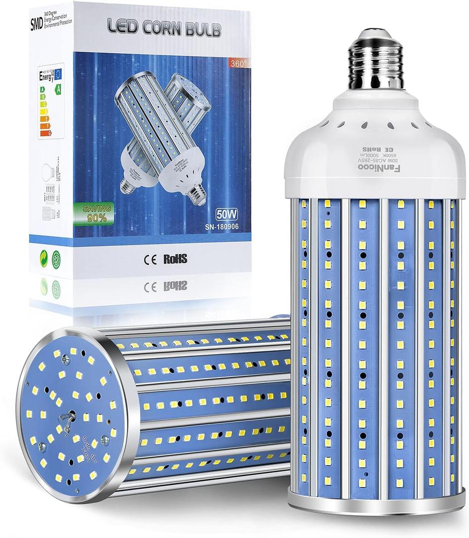 LED Corn Light Bulb 500W Equivalent 5000 Lumen 6500k 50W Large Area Cool Daylight White E26/E27 Medium Base Corn Bulb for Outdoor Indoor Garage Warehouse Factory Workshop Street Backyard (Pack of 2)