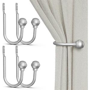 Hion Curtain Holdbacks Silver 4pcs, Curtain Tiebacks Wall Mounted Curtain Hooks Holders for Drapes