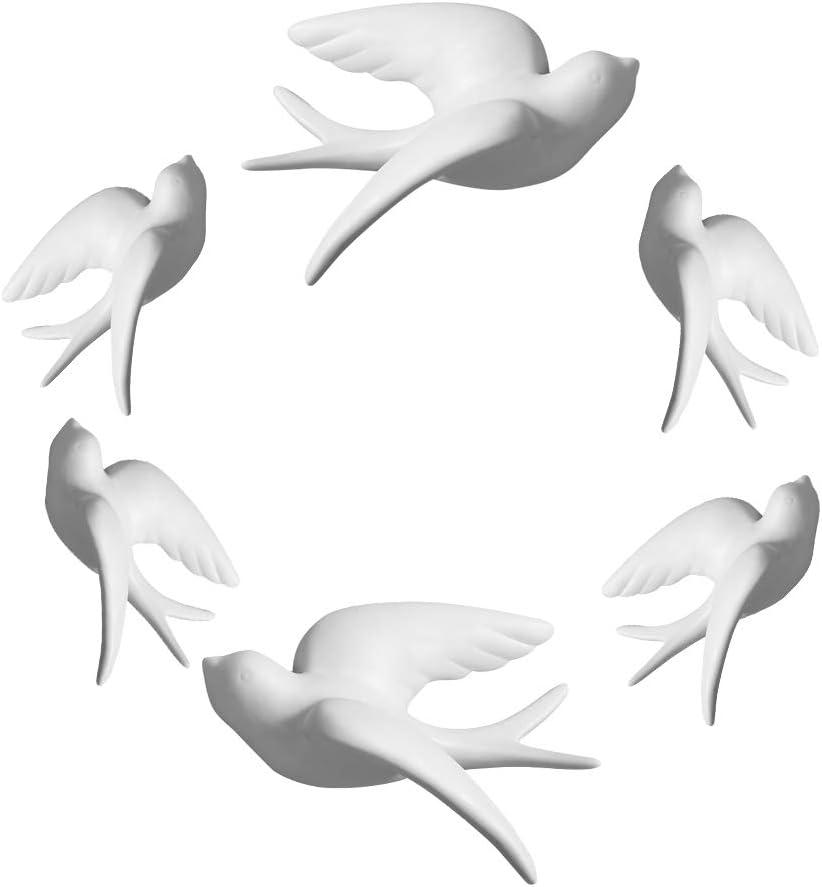 Set of 6 White Ceramic Birds Doves Sparrows Swallows Wall Mounted Decor Hanging for Bedroom Livingroom Garden Wall Sculptures