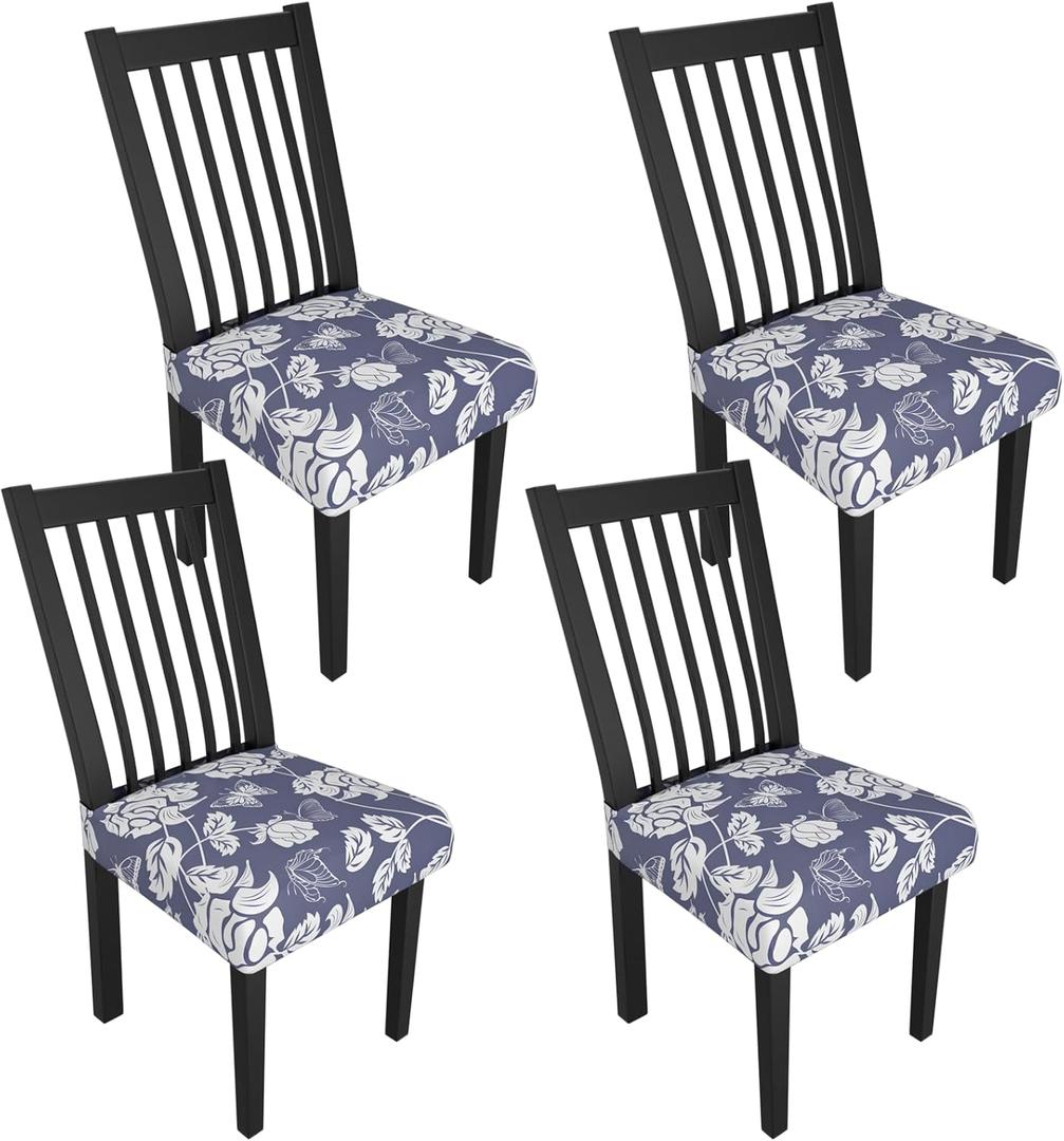 Stretch Dining Chair Seat Covers Set of 4,Dining Chair Slipcovers, Floral Printed Chair Covers,Soft Fabric Washable Upholstered Chair Seat Protector, No Rear Covers for Home Kitchen Dining Room (Light Purple Flowers + Butterflies)