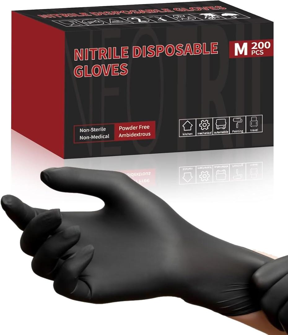 4-Mil Black Nitrile Disposable Gloves, Latex Free, Powder Free, Textured Grip Rubber Gloves for Household Kitchen (Small, Black (Pack of 200))