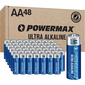Powermax 48-Count Double AA Batteries, Ultra Long Lasting Alkaline Battery for Home and Office, 10-Year Shelf Life, Reclosable Packaging