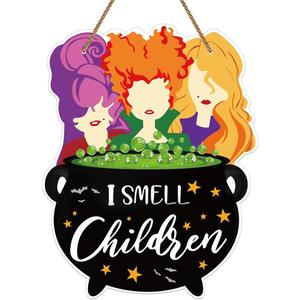 JUESMOS Halloween Hocus Pocus Door Sign I Smell Children Hanging Sign Halloween Decorations Signs for Home Halloween Wreaths Sign for Front Door Wall Indoor Outdoor Decor Halloween Party Supplies Gift