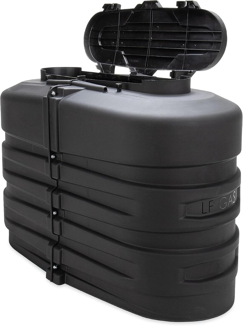 Camco RV Dual Propane Tank Cover - Measures 29.5W x 15.5D x 20.5H - Features Hinged Top Panel for Easy Access - Fits (2) 20lb Steel Tanks - Protects Tanks during Travel & Camping - Black (50504)