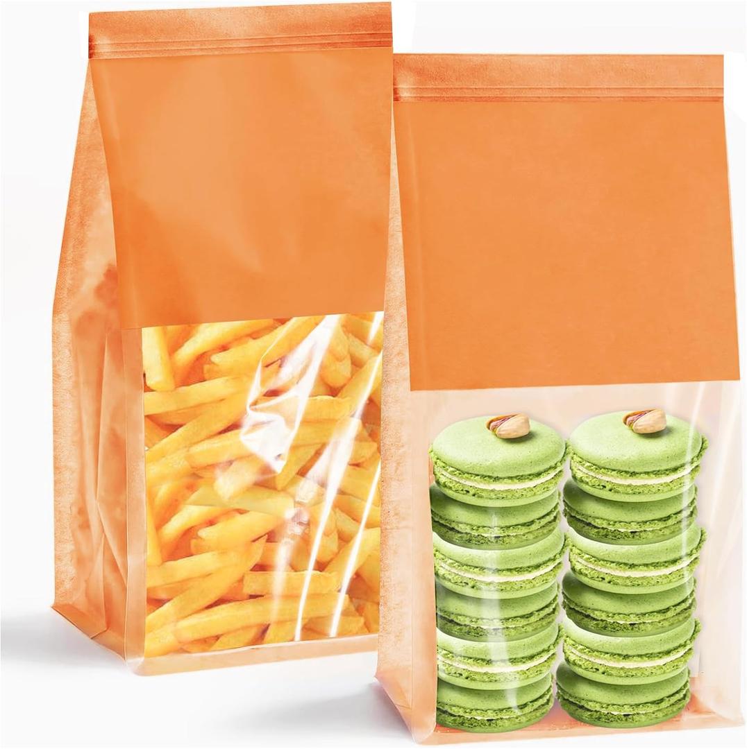 50 Pack Bakery Bags with Window - Reusable Kraft Paper Bread Bags with Tin Tie Tab Lock, Can Stand Upright, Orange (Small)