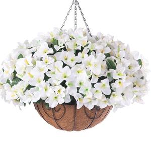 Artificial Hanging Flowers Plant with Basket for Outdoors, Fake Hanging Plants Silk Bougainvillea in Planter Look Real UV Resistant Faux Flower for Porch Patio Garden Home Decor (White-New)