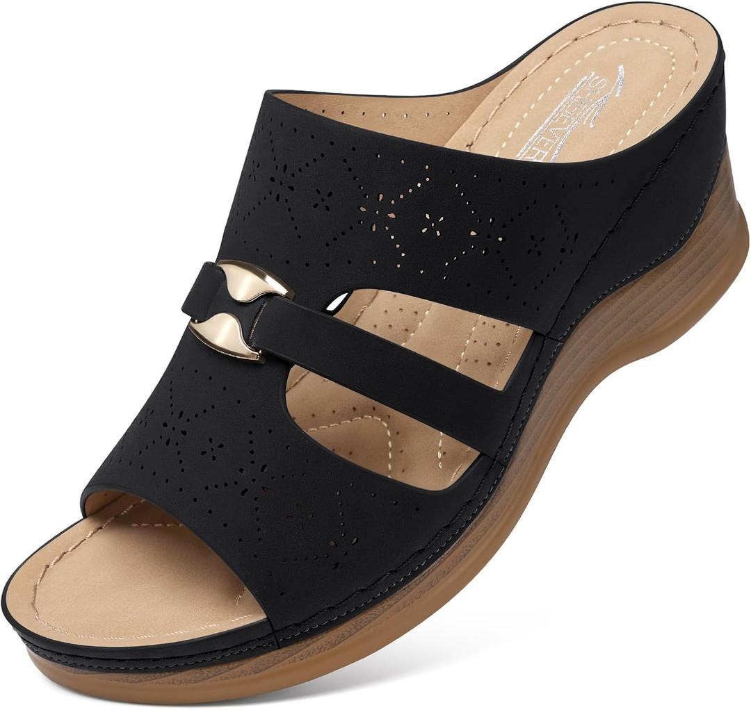 SHIBEVER Wedge Sandals for Women Hollow Out Slip On Platform Wedge Sandals Summer Casual Walking Shoes (9, 1913 Black)