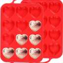 2 Pcs Heart Shaped Muffin Pan with Metal Reinforced Frame 12 Cup Nonstick Silicone Heart Cake Mold for Baking 2.5 Inch Cupcake Tray (Red)