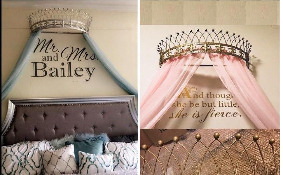 OctoRose Metal Wall Teester Bed Crown Canopy - Antique Style Crown Wall Decor with Built-in Rods & Hardware - for Over Beds or Windows - Drapery Panels Not Included - Gold (31.5x14x9.5 Inches)