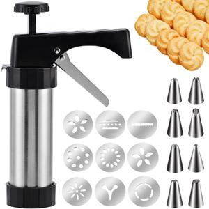 Stainless Steel Cookies Press, Cookie Press Gun Kit with 13 Cookie Discs and 8 Piping Tips for DIY Christmas Cookies Maker