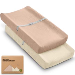 2-Pack Muslin Diaper Changing Pad Covers Boy, Girl Soft Breathable Muslin Cotton Changing Table Cover, Organic Baby Changing Pad Sheets, Contoured Change Pads Liners Washable 34 x 18 (Almond)