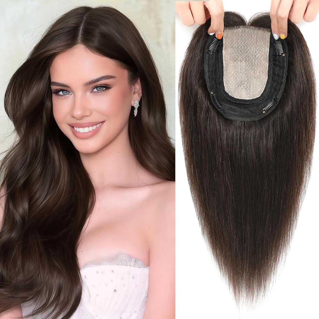 Hair Toppers for Women Real Human Hair, 360 3D Toppers Pieces for Women with Thinning Crown Side Bangs 16 Inch Upgrade Big Basement (Dark Brown, 14 Inch Side Bangs)