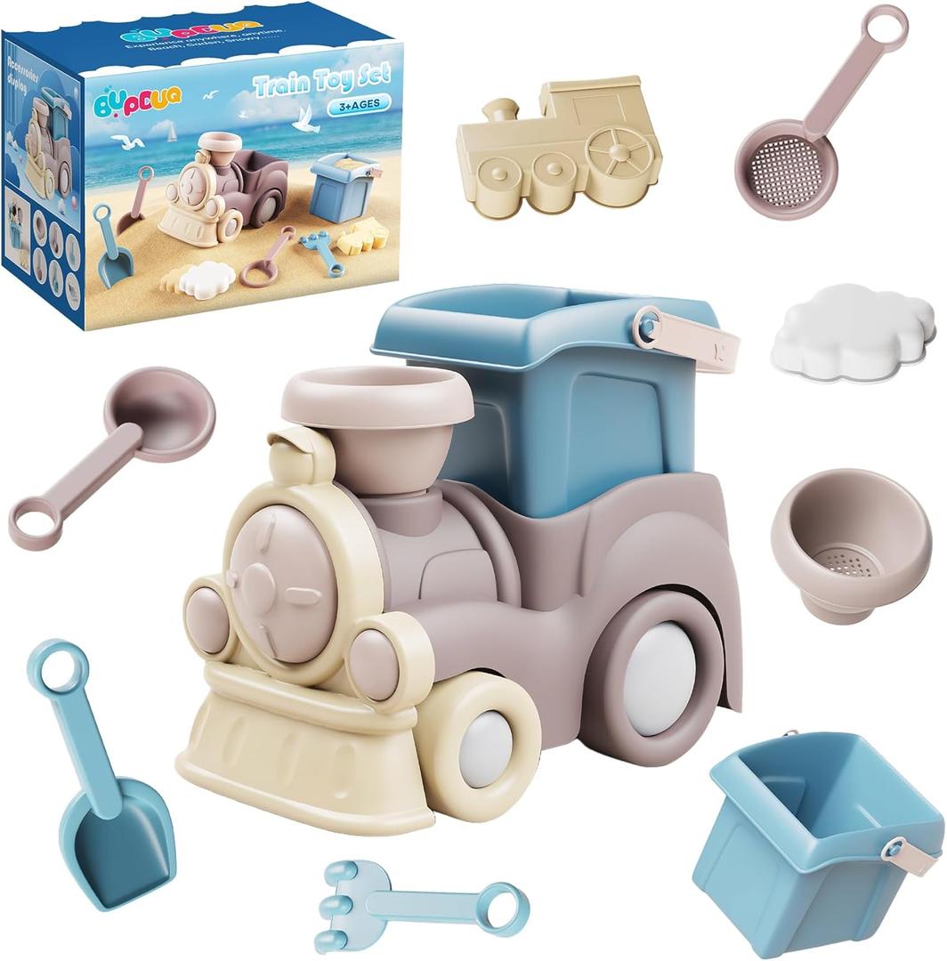 Beach Toys- 8 Pieces Kids Sand Toys Set Train Silicone Beach and Garden Essentials Truck, Beach Bucket, Scoop, Trowel, Colander, Rake, Sandcastle - Sandbox Toys for Toddlers 3+