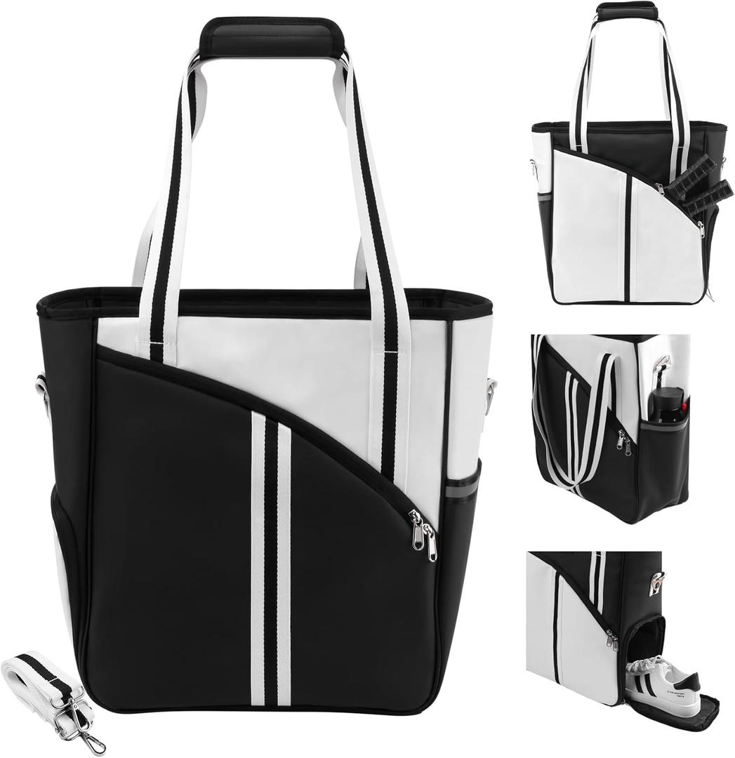 SPOENGRU PU Leather Pickleball Bag with Shoe Compartment, Large Pickleball Tote Bags for WomenMultifunctional Pickleball Bags (black)