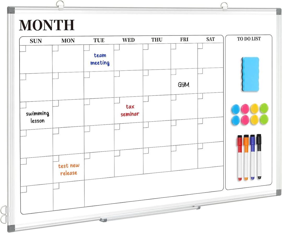 DOLLAR BOSS Dry Erase Calendar for Wall, 24''x 18'' Magnetic Whiteboard Monthly Planner, Double-Sided Aluminum Framed Schedule Board for Office, Home, School