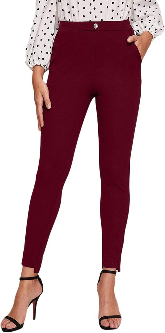 SweatyRocks Women's Casual Skinny Leggings Stretchy High Waisted Work Pants (X-Large, Maroon)