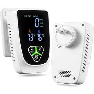 5in1 Carbon Monoxide Detectors Plug in, Smoke Alarm & Natural Gas Leak Detector with Temperature & Humidity Sensor, Portable CO Detector with LCD Display Sound & Light Alert for Home Travel