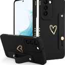 Fiyart Designed for Galaxy S22 5G Case with Phone Stand Holder Cute Love Hearts Pattern Slim Protective Camera Protection Cover with Wrist Strap for Women Girls for Galaxy S22 5G 6.1"-Black