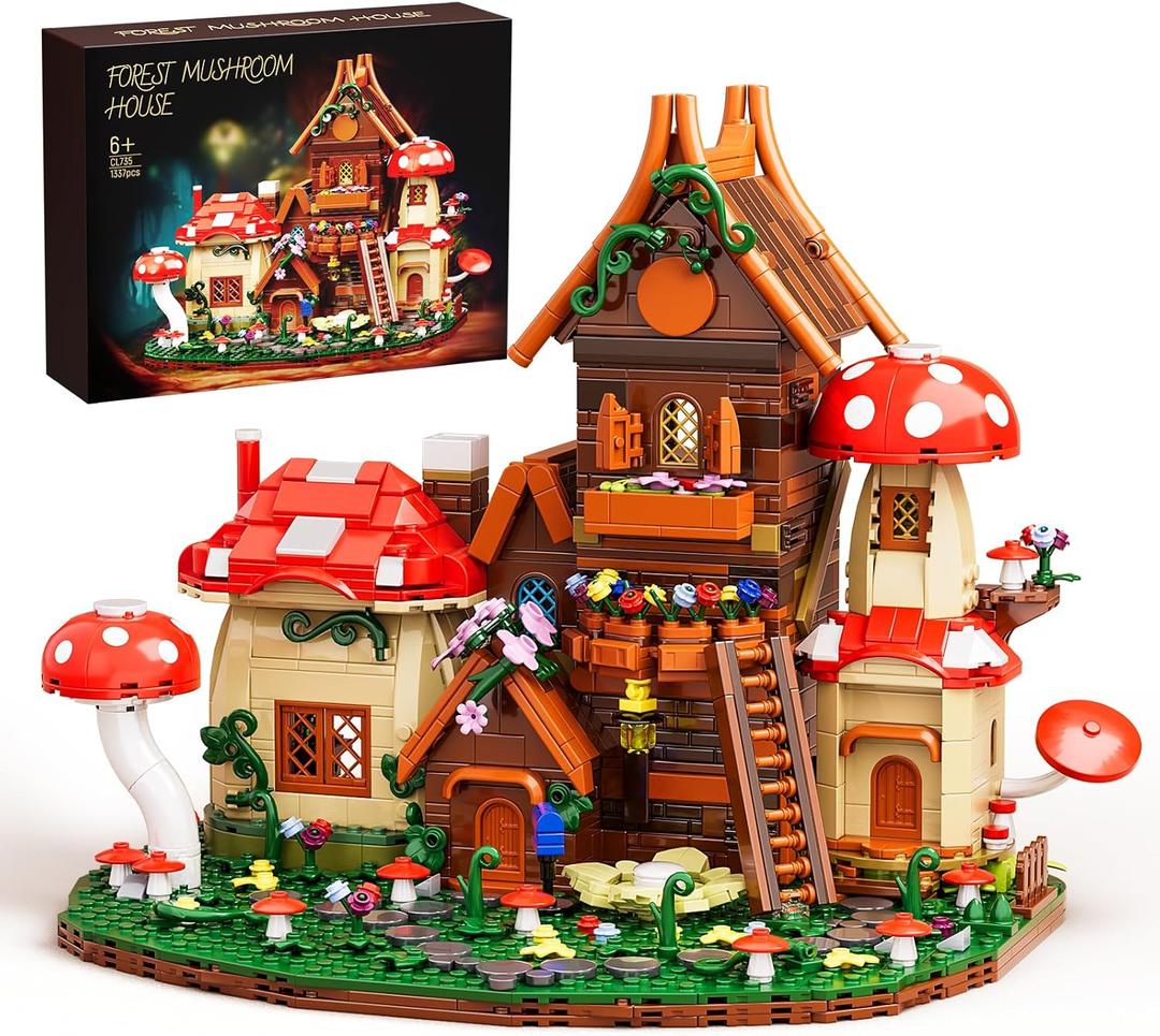 Forest Mushroom House Building Blocks Toy Mushroom Cottage with Openable Windows, Colorful Flowers, Mini Furniture, Staircase & Stone Path Creative Building Set for Adults and Kids(1377 Pieces)