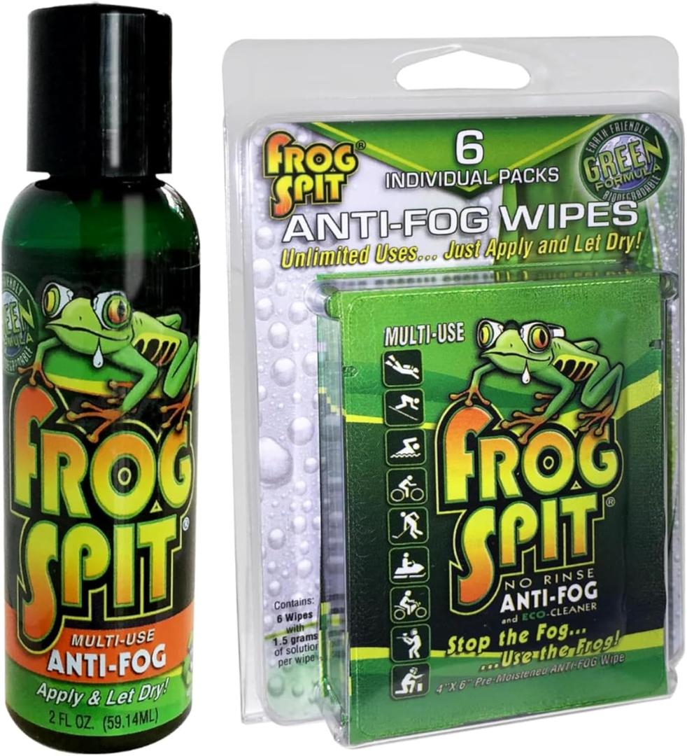 Frog Spit Anti-Fog Concentrate and Wipes - 2 oz. Bottle of Anti-Fog Solution, 6 Travel Wipes - Anti Fog for Glasses, Goggles, Face Masks, Helmet Face Shields
