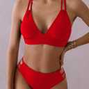 Fanuerg Women's Sexy V Neck Bikini Sets Hollow Out Two Piece Swimsuits Cutout Mid Waist Bathing Suit (Red, XS)