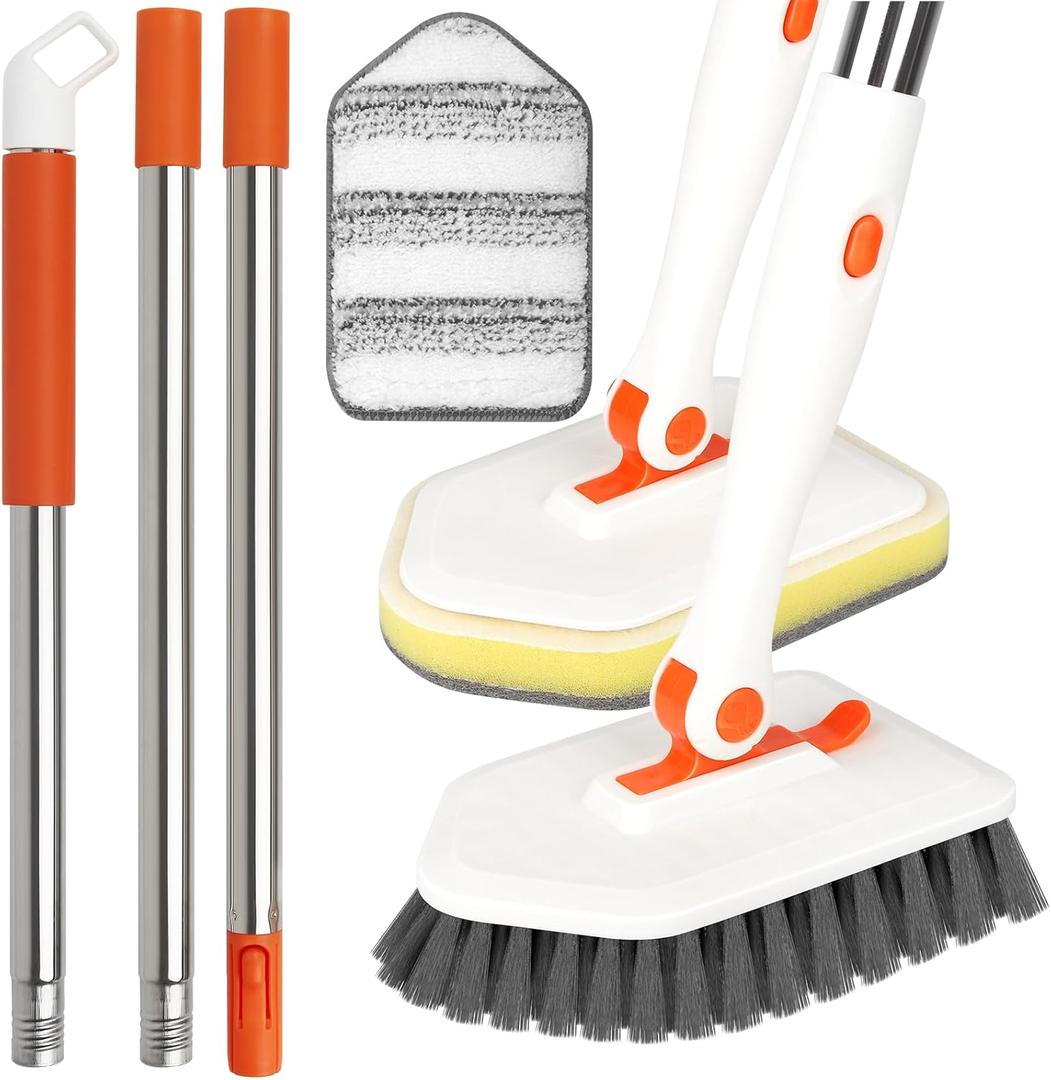 Long Handled Scrub Brush for Shower 3-In-1 Cleaning Brushes with 3 Different Function Cleaning Heads Brush for Shower Cleaning Bathroom Kitchen Walls Tub Tile (Orange)