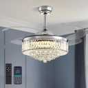 Modern 48 Inch Dimmable Crystal Fandelier, Retractable Blades Ceiling Fans with Light and Remote, Invisible LED Ceiling Fan Light Kit for Bedroom-Polished Chrome