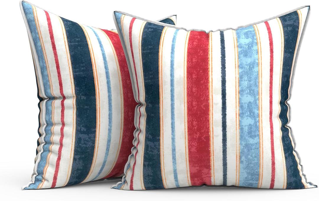 Outdoor Throw Pillow Covers Pack of 2, Decorative Water Repellent Square Pillow Cases 18x18 Inch, Patio Pillowcases for Home Patio Furniture Use, Stripe Red Blue