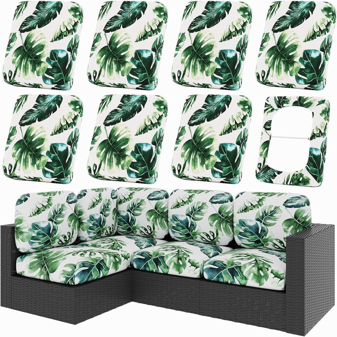hyha 8Pcs Patio Cushion Covers, Stretch Outdoor Couch Cushion Covers, Washable Outdoor Chair/Sofa Slipcovers for Patio Furniture Cushions Protector with Elastic Bottom(Monstera Deliciosa,Cover Only)