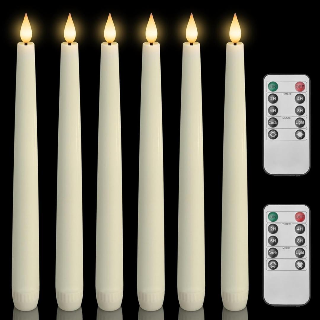 Homemory 6 Pcs Waxy Flameless Taper Candles with Remote, Flickering Battery Operated Candlesticks, Led Fake Candles Tall Candle for Home, Wedding, Party, Ivory, 9.6 inches