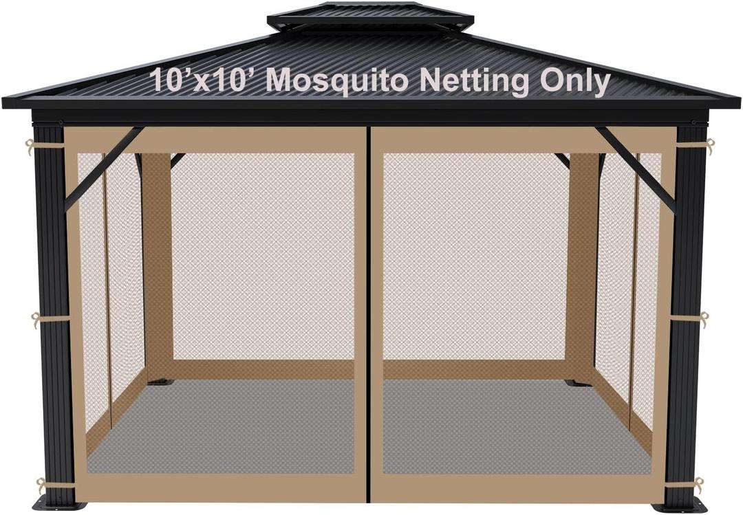 Replacement Universal Gazebo Netting 4 Panels with Zipper for Garden Patio Yard, ONLY Netting(10'x10', Khaki)