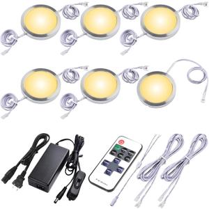 Kitchen Underneath Cabinet LED Puck Light, Hutch Backsplash Back Lighting, 110V Plug in & Hardwired, Wireless RF Remote Control Dimmable, Linkable, White Wires, Warm White 2700K, 6 Lights