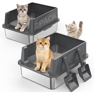 2PACK Stainless Steel Cat Litter Box with Lid, High-Sided Metal Litter Pan for Small Cats, Kitty Litter Box, Non-Stick & Odor-Resistant, Anti-Urine Leakage, Easy to Clean, Scoop Included (Dark Grey)