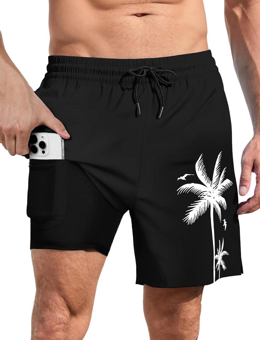 Lzzidou Men Swim Trunks with Compresssion Liner 7 Inch Inseam Board Shorts Bathing Suit with Zipper Pockets (Small, Black)