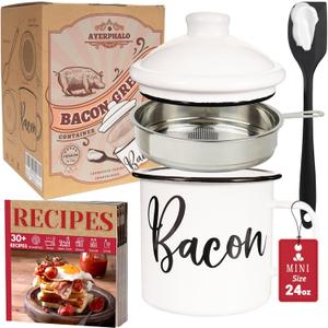 Bacon Grease Container with Strainer - With Food-Grade Silicone Spatula, 24oz Enamel Rustic Farmhouse Fat Container, Keeper, Recipes, Dishwasher Safe (White)
