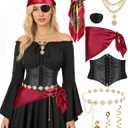 Pirate Costume Women with Off Shoulder Dress Gold Sequin Belt Accessories Halloween Set Costume, XXL