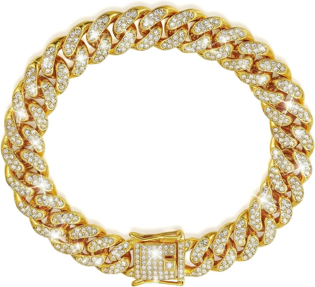 Dog Chain Diamond Collar Walking Metal Chain Collar with Design Secure Buckle, Pet Collar Jewelry Accessories for Small Medium Large Dogs Cats (Gold, 12 Inch)