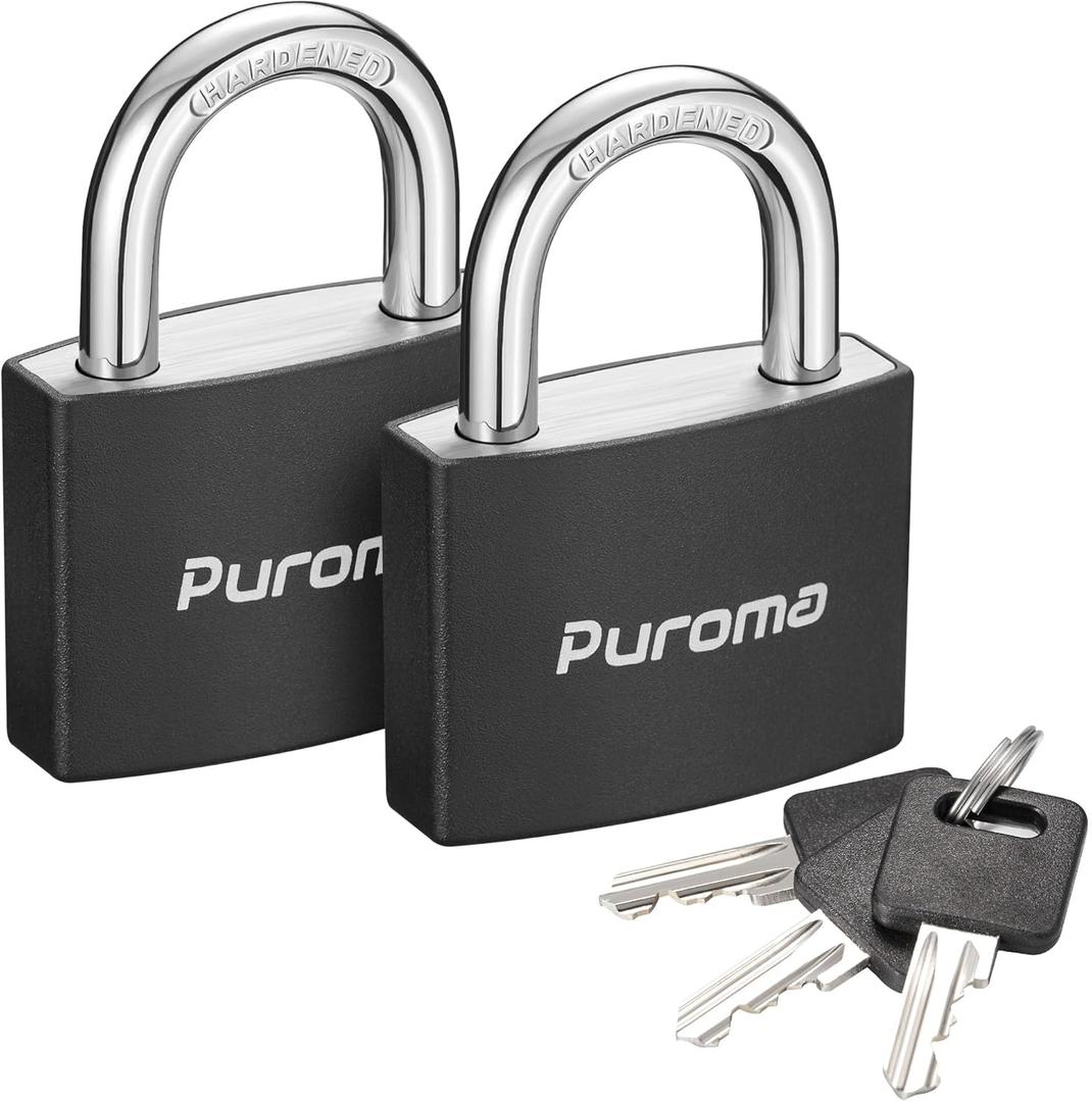 Puroma Lock Keyed Padlock, 2 Pack Aluminum Locks with 3 Keys Alike, 7/8 Inch Locker Lock 43mm Small Padlocks for Gate, Fence, Shed, Toolbox, School Gym Locker (Black)